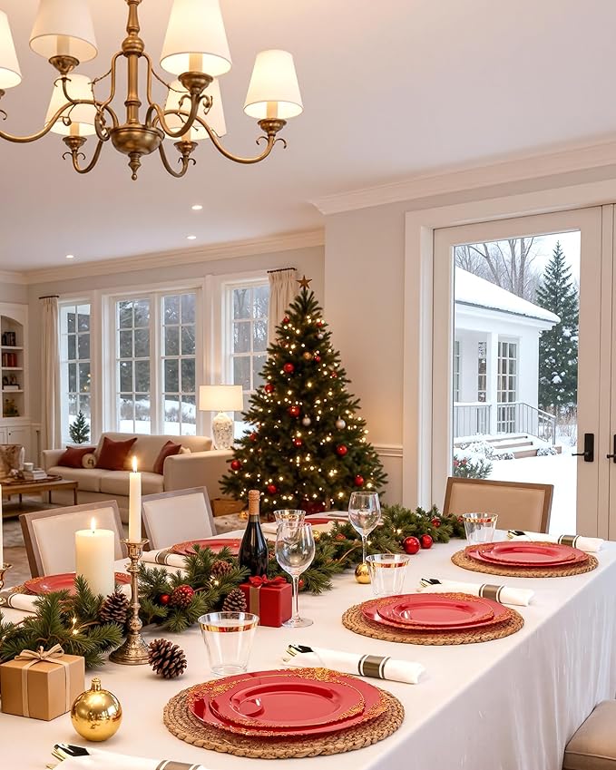 Nervure 175PCS Red Plastic Plates - Disposable Red Gold Party Plates & Pre Rolled Napkins with Cutlery for 25 Guests, 50Plates, 75Silverware, 25Cups, 25Napkin for Wedding & Party & Independence