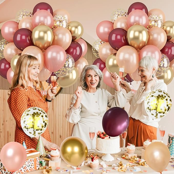 Rose Gold Balloon Set 12 Inch Burgundy Rose Gold Balloons 35 Pcs Champagne Wine Red Metallic Gold Confetti Balloons for Girls Women Bachelorette Wedding Bridal Shower Birthday Party Decorations