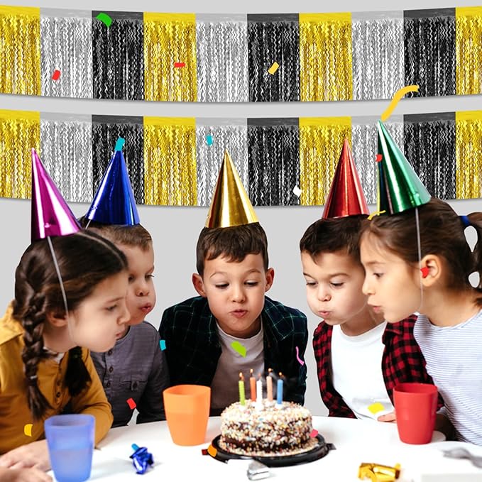 6 Pack 10 Feet Black Gold Silver Wave Foil Fringe Garland Metallic Tinsel Streamers Banner Wall Hanging Curtain Backdrop for Parade Floats, Mother's Day, Easter, Wedding, Birthday Party Decoration