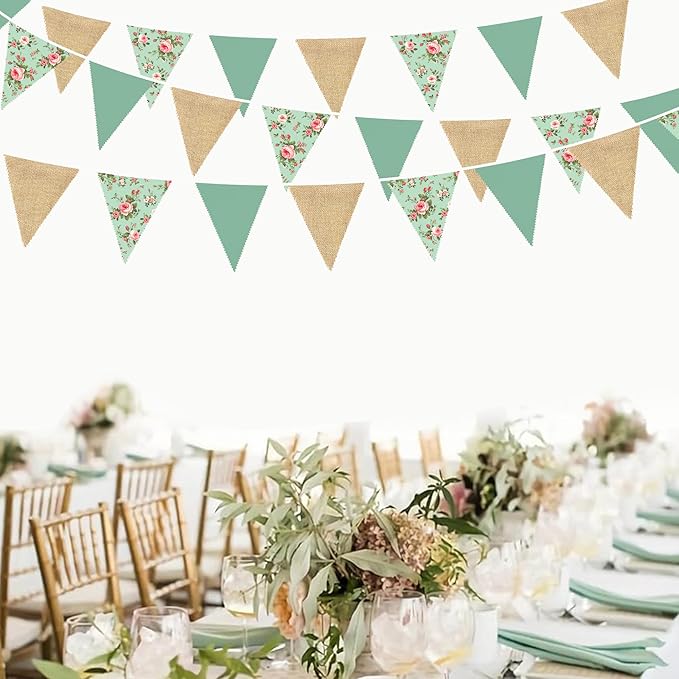 32Ft Flora Party Decorations Sage Green Wildflower Burlap Flora Fabric Banner Triangle Flag Pennant Garland Streamer for Tea Party Vintage Birthday Wedding Baby Shower Mother's Day Engagement Decor