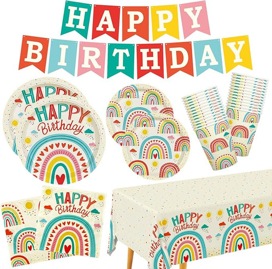 Retro Rainbow Themed Happy Birthday Party Supplies Set - Vibrant Disposable Paper Plates, Cups, Napkins, Tablecloth & Birthday Banner - Fun & Colorful Design for Boys/Girls - For 25 Guests
