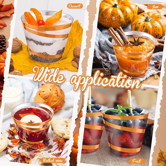 Gejoy 9 oz Rimmed Swirl Plastic Cups Disposable Wine Drinking Cups Clear Elegant Halloween Tumblers for Christmas Party Supplies(Orange,100 Pcs)