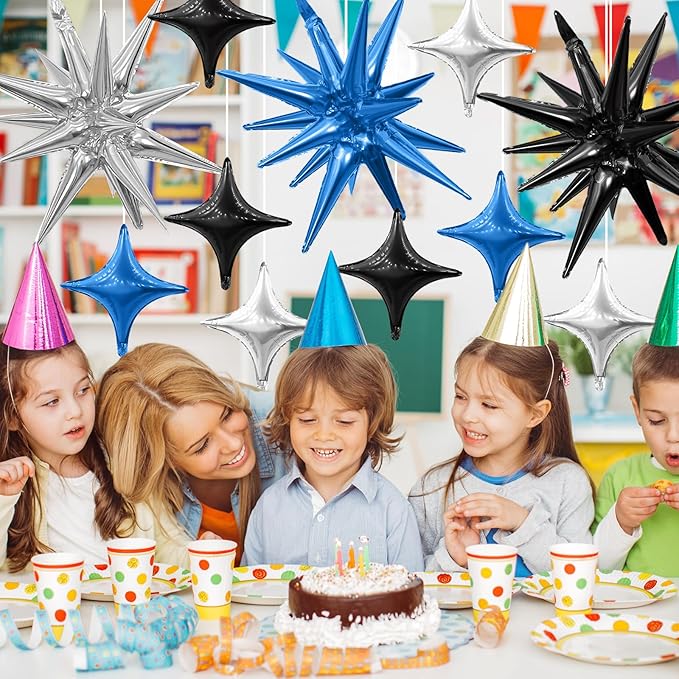 Black Blue Silver Star Balloons,Explosion Star Balloons Kit with 6Pcs 22Inch Cone Star Foil Balloons and 10Pcs 10Inch Four Pointed Star Balloons for Birthday Anniversary Disco Party Decorations