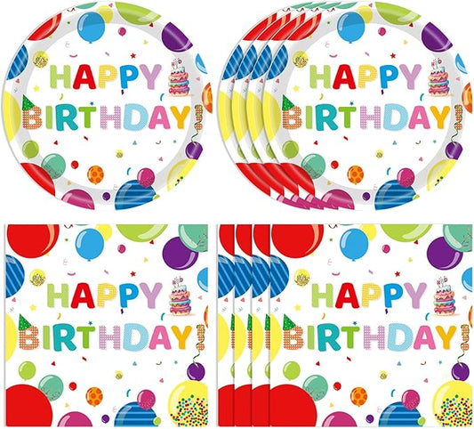40PCS Happy Birthday Decorations Colorful Balloons Design Happy Birthday Party Supplies Set Disposable Paper Birthday Plates Napkins for Boys Girls Birthday Baby Shower Serves 20
