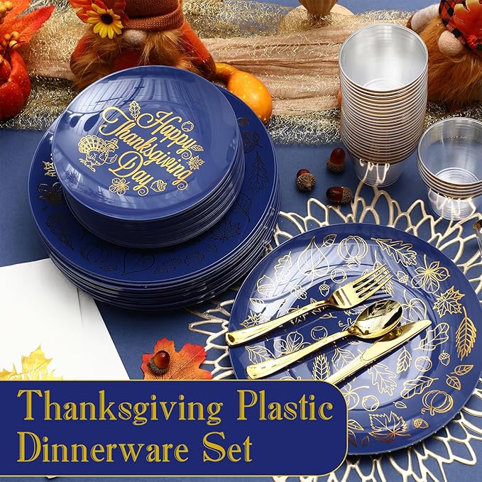 Shellwei 210 Pcs Thanksgiving Dinnerware Sets, Navy Blue Disposable Plates Includes Dinner Plates Cups Dessert Plate Paper Napkins Forks Knives Spoons Supplies for Thanksgiving Day