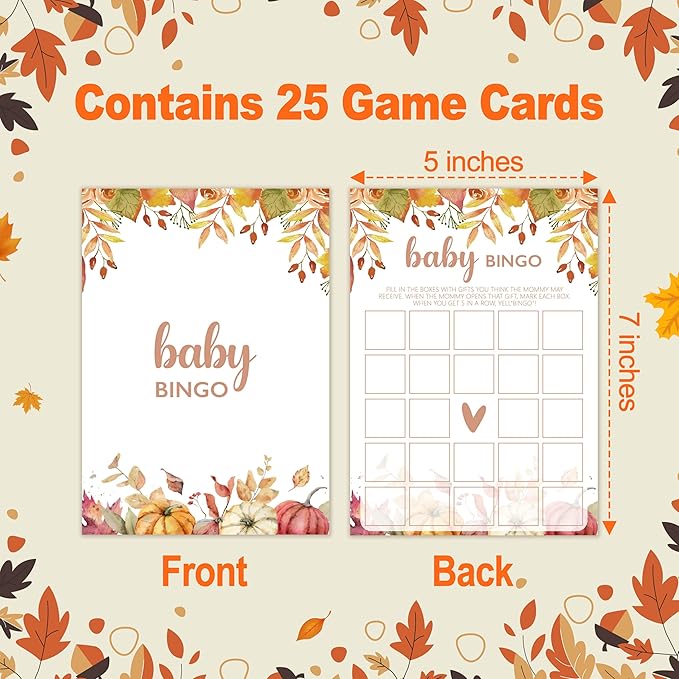 Baby Bingo Game, Autumn Baby Shower Games Cards, Thanksgiving Boy or Girl Baby Gender Reveal Party Favors Decorations and Supplies, 25 Pcs Double-Sided - E01