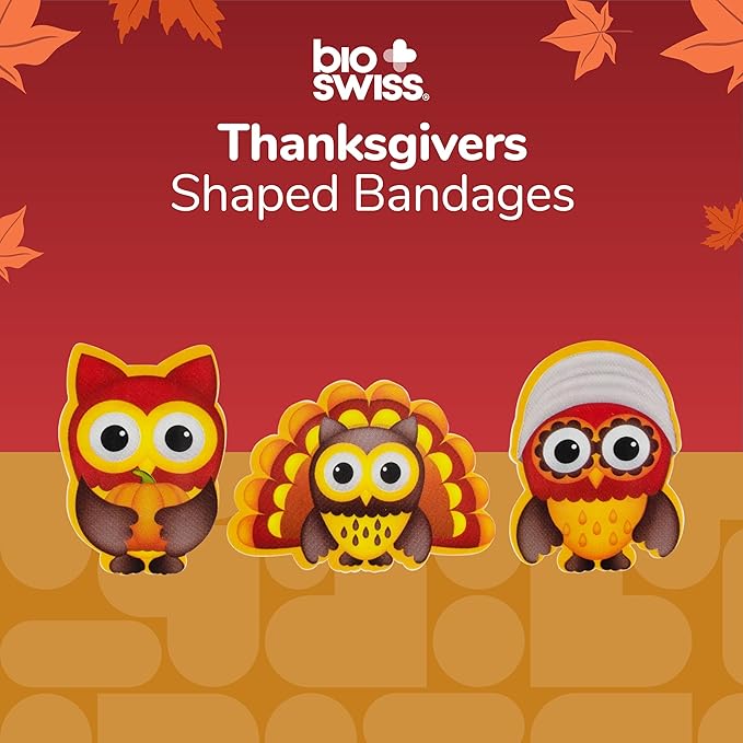 BioSwiss Kids Bandages, Thanksgiving Shaped Self Adhesive Bandage Set, Latex Free, Sterile Wound Care, 24 Count