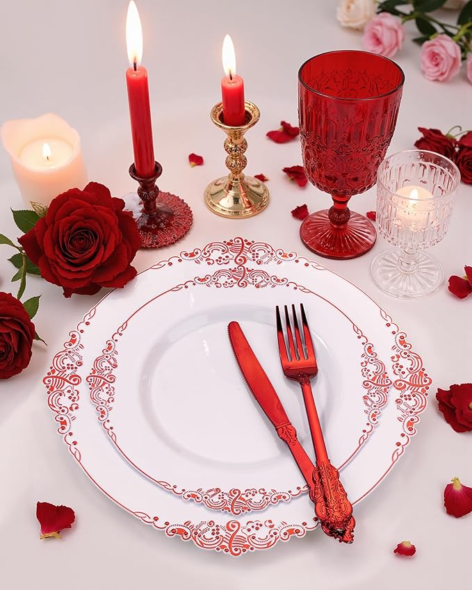 Nervure 175PCS Red Plastic Plates - White Red Plastic Dinnerware Sets for 25 Guests - 50 Red Disposable Plates, 25 Pre Rolled Cutlery Set, 25 Cups Perfect for Wedding, Party & Christmas