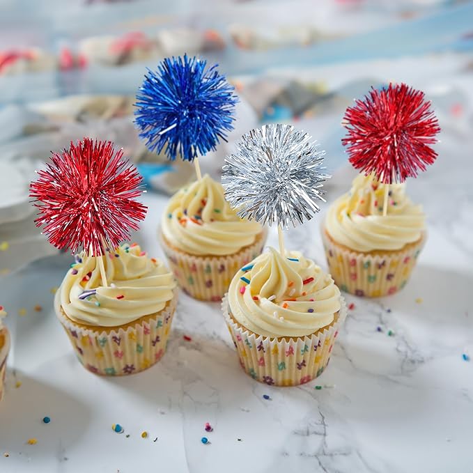 Gyufise 30Pcs Foil Firework Cupcake Toppers Sparkle Tinsel Cake Toppers Tinsel Drink Cake Decoration Cocktail Picks for Birthday Wedding Graduation Party Supplies Silver Dark Blue Red