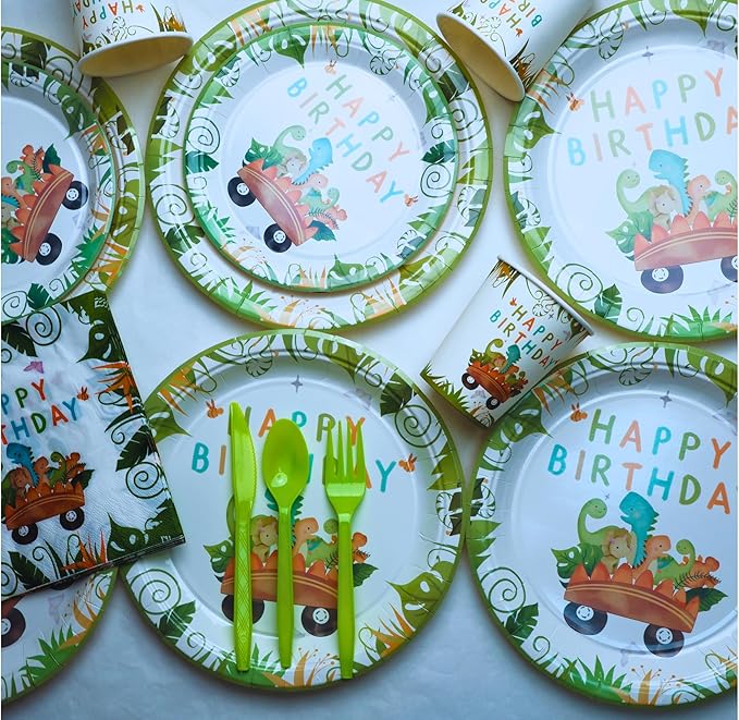 Dinosaur Birthday Party Supplies Kit – 88 PCS Dino Party Decorations for 16 Guests, Includes Plates, Cups, Napkins, Banner, Cutlery, Tablecloth, Hanging Swirls – Jurassic Dino Theme for Boys & Girls