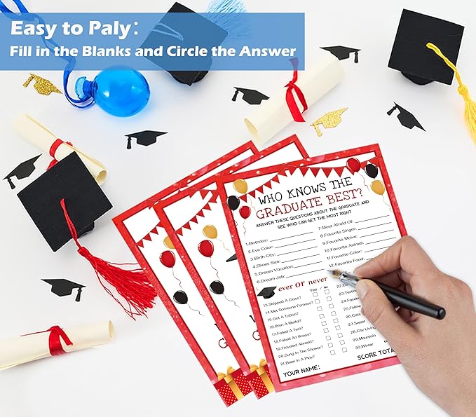 30 Grad Party Games Cards - Who Knows The Graduate Best, Red Graduation Games 2025 Party Favors, Graduation Party Decorations for Senior High School College University