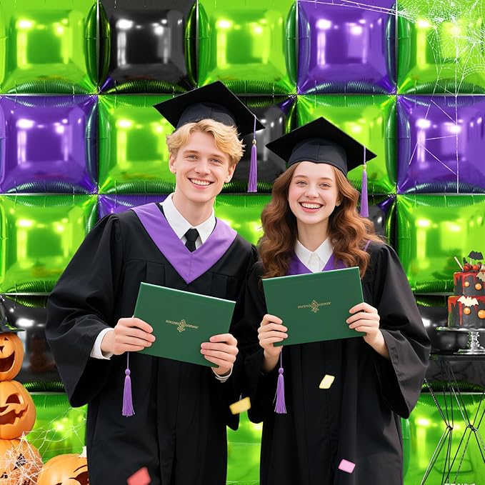 NISOCY 25PCS Green Purple Black Square Foil Balloons Wall Backdrop Metallic Double Sided Light Green Purple Black Balloons Tunnel Arch Kit for Halloween Birthday Graduation New Year Party Decorations