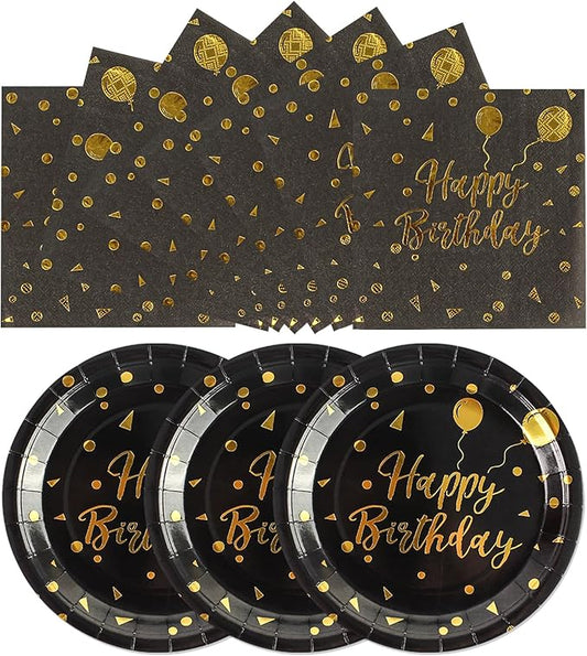 9 Inch Birthday Plates and Napkins, Black and Gold Balloons Dessert plates Disposable Party Supplies 40PCS Cake Paper Plates Tableware for Birthday Party Decorations