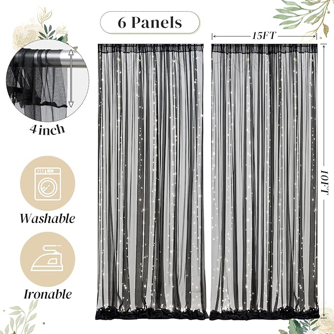 30ft x 10ft Black Backdrop Curtain with Lights String for Parties, Sheer Tulle Wedding Photo Backdrops Drapes for Baby Shower Birthday Party Decorations Background for Photography