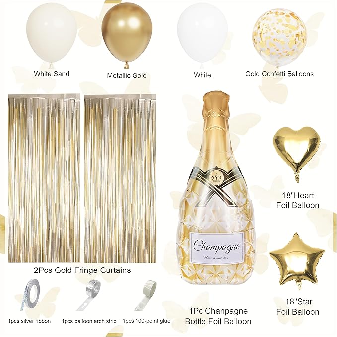 White and Gold Birthday Party Decorations Kit for Women Girls, Gold White Sand Confetti Foil Balloons Happy Birthday Banner Fringe Curtains Butterfly Garland Baptism Communion Supplies