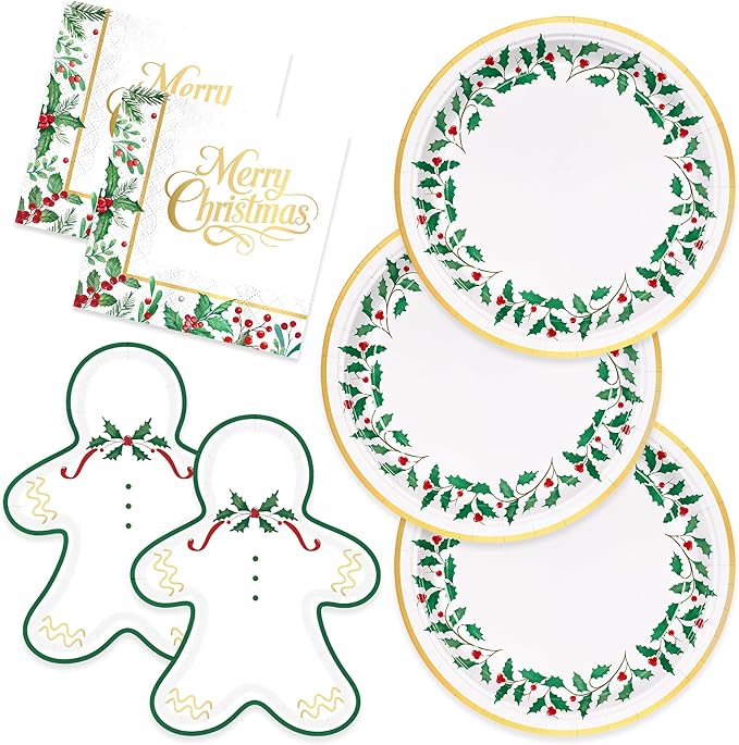 150Pcs Christmas Paper Plates Gingerbread Plates Napkins Disposable Christmas Seasonal Holly Napkins Xmas Holiday Party Supplies Serve 50 Guests