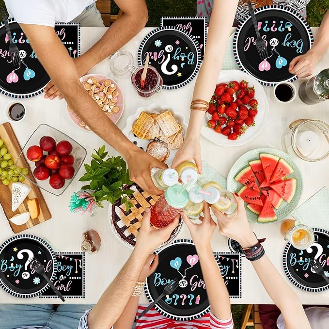 96 Pieces Gender Reveal Party Plates Boy or Girl Theme Party Decorations Gender Reveal Paper Plates and Napkins Boy or Girl Disposable Dessert Tableware Set Halloween Baby Shower Supplies 24 Guests