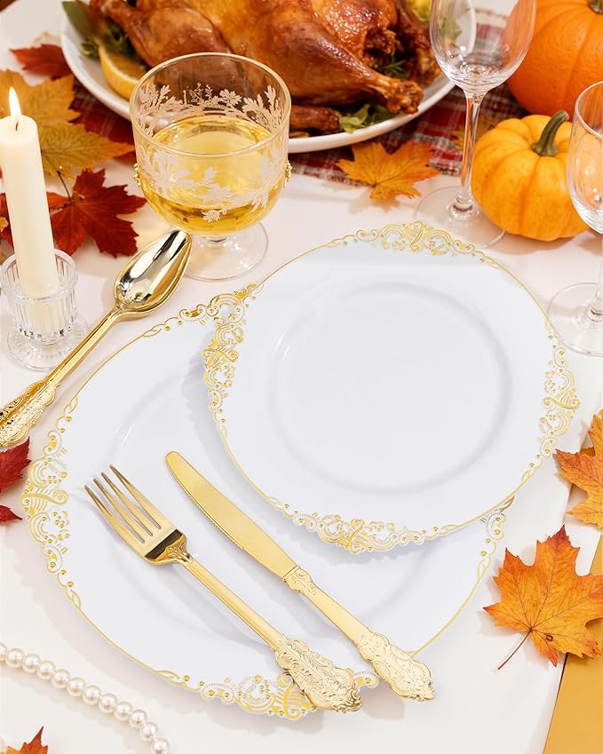 Nervure 175PCS White and Gold Plastic Plates - Disposable Dinnerware Set Include 50 Gold Plates for Dinner and Dessert, 75 Cutlery, 25Cups 25Napkins for Wedding & Party & Thanksgiving