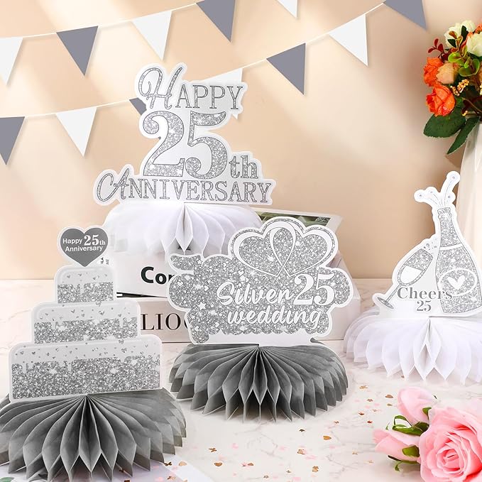 9Pcs 25th Wedding Anniversary Decorations 25th Silver Wedding Anniversary Honeycomb Centerpiece Silver Wedding Anniversary Table Toppers Honeycomb Decorations