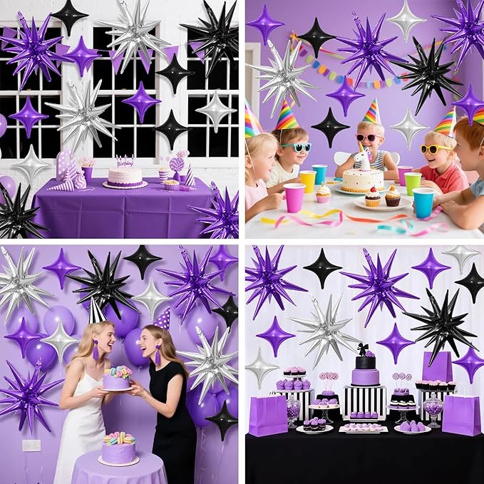 Black Purple Silver Star Balloon,6Pcs 22Inch Explosion Star Balloons and 10Pcs 10Inch Four Angle Balloons Kit for Halloween Birthday Anniversary Graduation Baby Shower Wedding Party Decorations