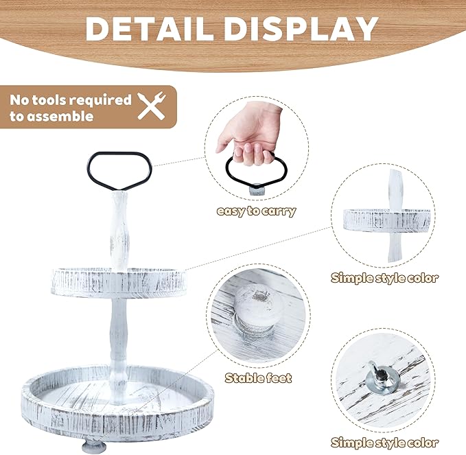 2-Tiered Round Wooden Tray Stand, Rustic Farmhouse Tiered Serving Tray for Home Decor Kitchen & Coffee Bar Centerpiece, Vintage White Wood 2-Tier Display Stand for Desserts, Cupcakes and More (White)