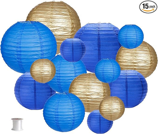 Paper Lanterns Party Decorations, Round Hanging Paper Lanterns Decorations for Graduation Anniversary Under The Sea Birthday Party Supplies Blue Gold 15pcs