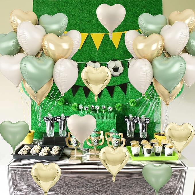 Sage Green Gold Heart Balloons, 12PCS Green Gold Heart Shaped Foil Balloons, 18Inch Green Cream White Heart Helium Foil Balloon for Jungle Woodland Birthday Wedding Baby Shower Party Decoraion