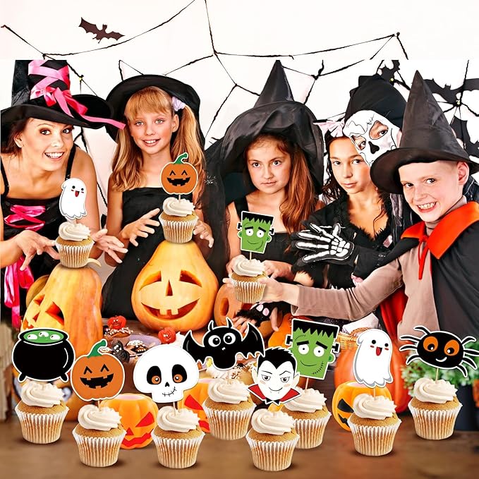 24 PCS Halloween Happy Birthday Cupcake Toppers Halloween Party Decorations Cake Decor Cupcake Decorations Cake Decorating Party Supplies Decor for Baby Shower Boys Girls
