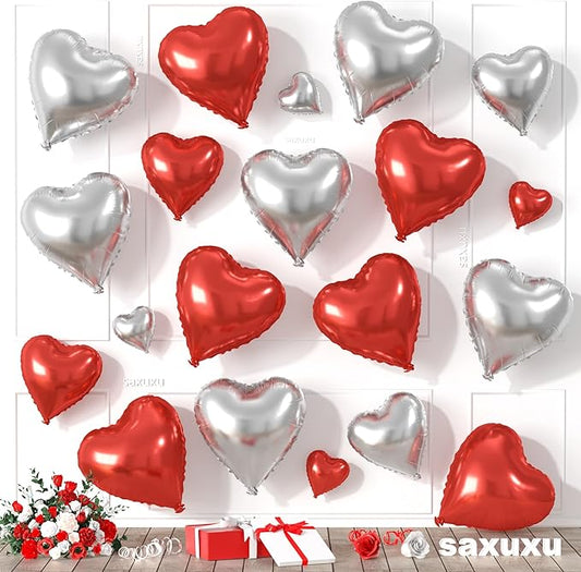 Red Silver Heart Balloons, Heart Shaped Ballons, 20 Pcs 5/10/18 inch Red Silver Foil Love Balloons for Valentine's Day Decorations Wedding Engagement Bridal Showers Anniversary Celebrations