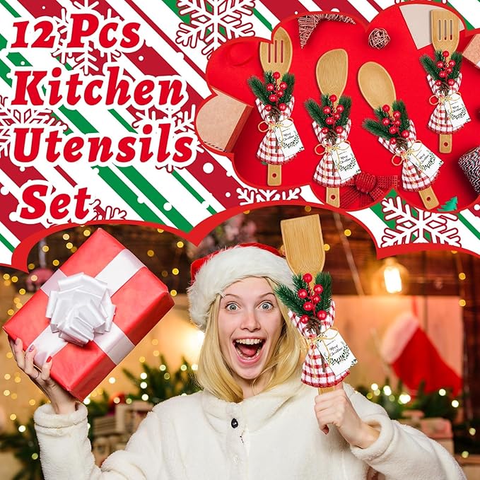 12 Set Christmas Gifts Kitchen Utensils Set with Holder Spatulas Bamboo Spoons Tag for Christmas Holiday Gift Kitchen Utensils Party Decoration