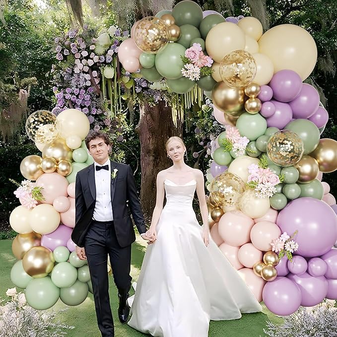 152Pcs Dusty Green Purple Pink Balloon Arch Garland Kit, Blush Pink Lavender Pastel Yellow Mist Green Gold Confetti Balloons for Baby Shower Wedding Engagement Birthday Party Decorations