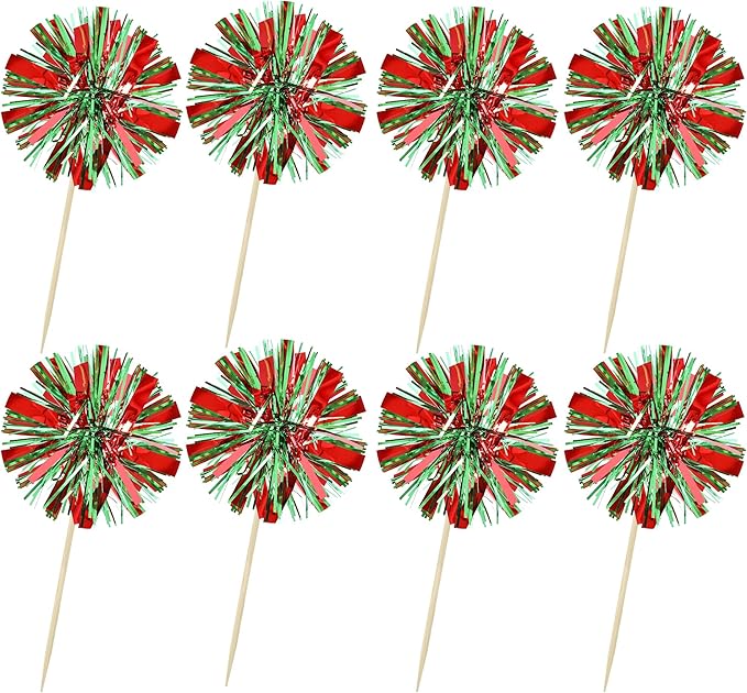 Ephlyn 30Pcs Foil Firework Cupcake Toppers Sparkle Tinsel Drink Birthday Cake Decorations Cocktail Food Fruit Toothpick for New Years Wedding Birthday Party Decorations Red Green