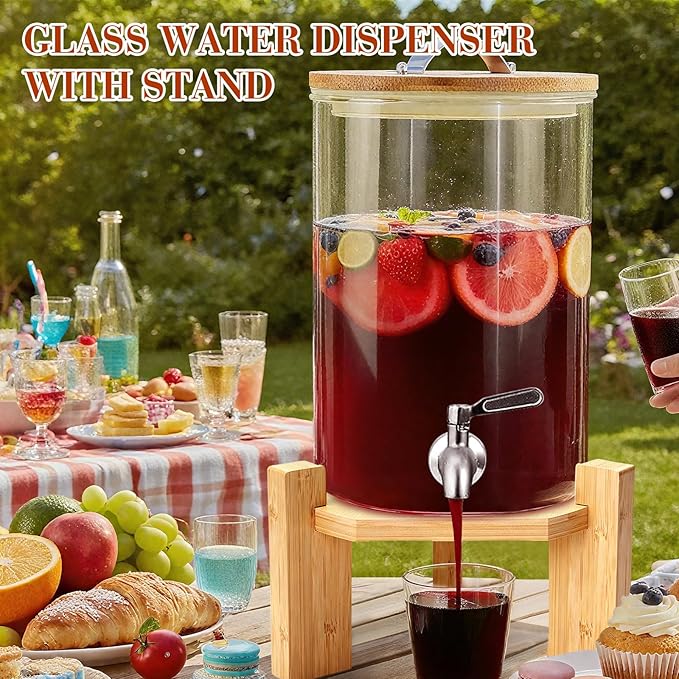 2.1 Gallon Drink Dispenser,Glass Beverage Dispenser With Wood Stand,Large Water Drink Dispensers for Parties with Anti-blocking Spigot,Christmas Party Drink Dispenser for Lemonade,Juice, Iced Tea