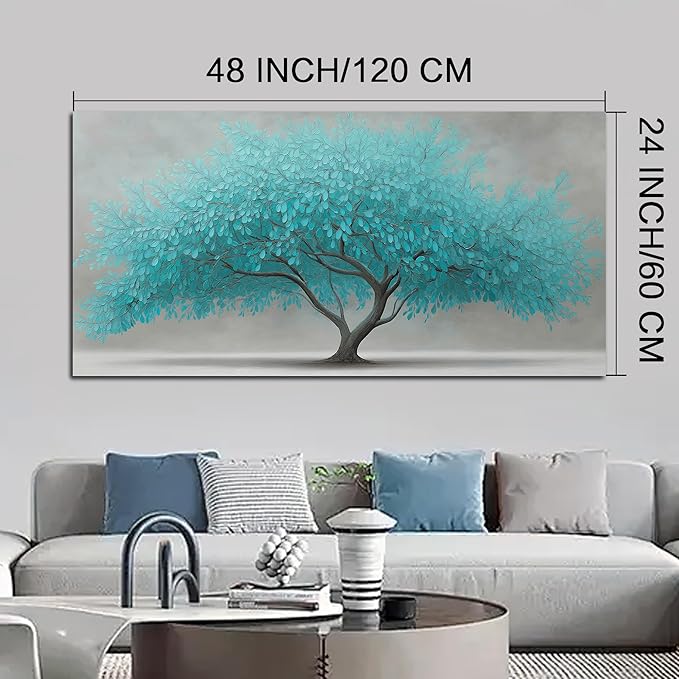 Tree of Life Wall Art for Living Room Bedroom Teal Blue Nature Print Picture Painting Large Framed Wall Decor for Bathroom Office Modern Home Botanical Landscape Wall Decorations Artwork Size 24x48 Ready to Hang