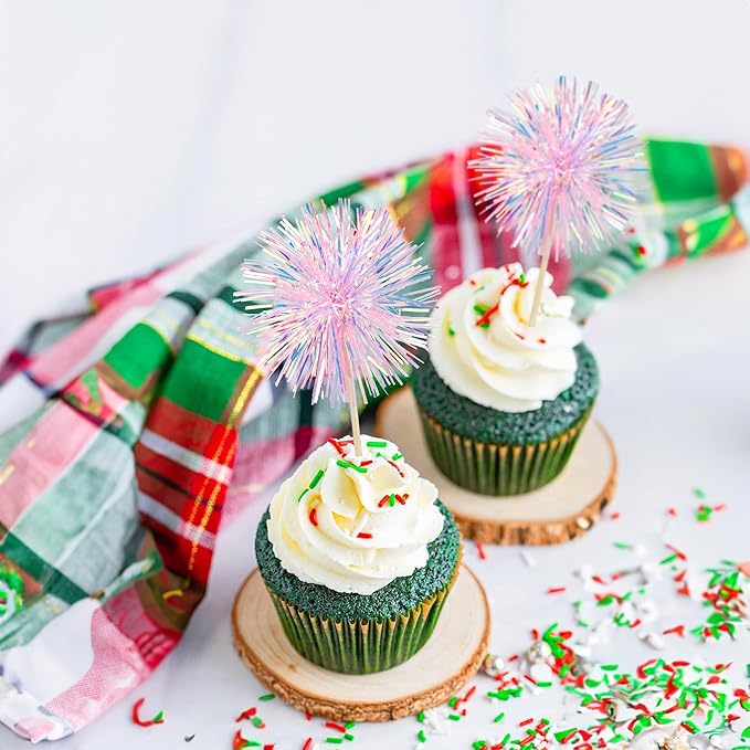 Ephlyn 30Pcs Foil Firework Cupcake Toppers Happy Birthday Cake Toppers Tinsel Flower Drink Stirrers Cocktail Food Fruit Toothpicks for Valentine's Day Party Decorations Pink