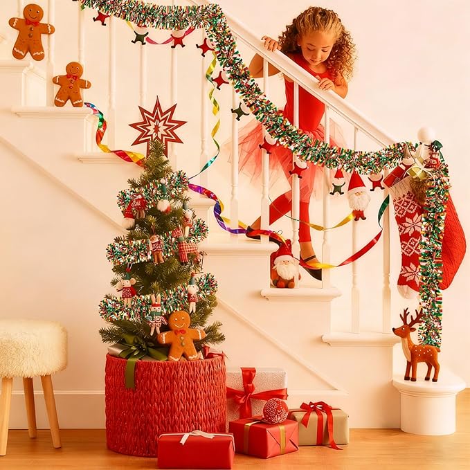 50Ft Christmas Tinsel Garland, Red Grenn Gold Metallic Twist Garland for Xmas Tree Decorations, Tinsel for New Year Party Ceiling Hanging Decorations Indoor and Outdoor Decor