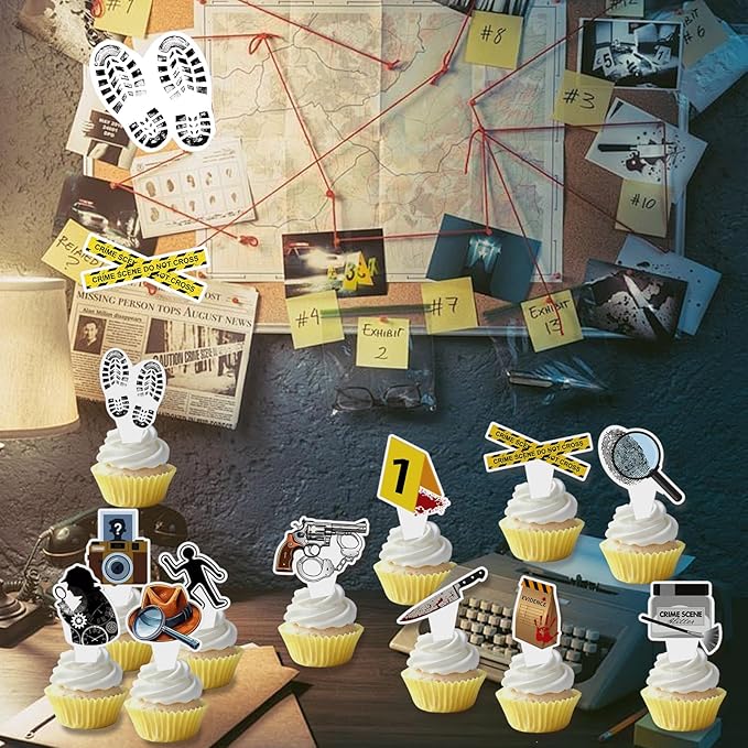 48 PCS Murder Mystery Happy Birthday Cupcake Toppers Detective Theme Party Decorations Crime Scene Cake Decor Cupcak Decorations Cake Decorating Party Supplies Decor for Men Women Boys Girls