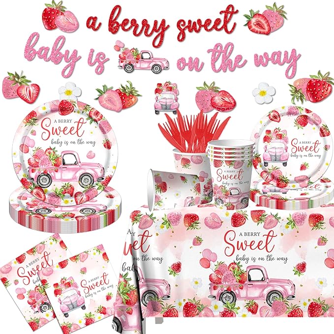Strawberry Baby Shower Decorations,A Berry Sweet Baby Is On The Way Plates and Napkins Tablecloth Supplies Watercolor Strawberry Birthday Tableware Set for Girl Baby Shower Party