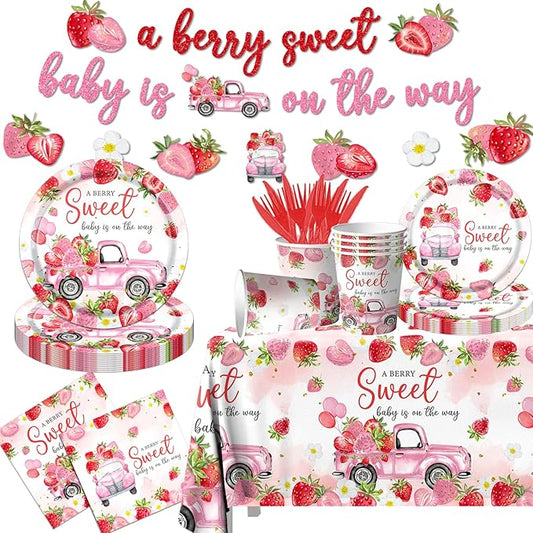 Strawberry Baby Shower Decorations,A Berry Sweet Baby Is On The Way Plates and Napkins Tablecloth Supplies Watercolor Strawberry Birthday Tableware Set for Girl Baby Shower Party