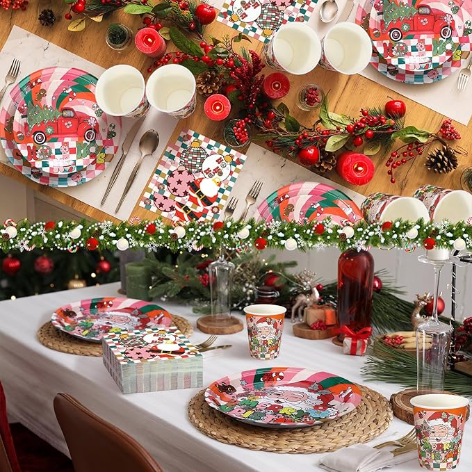 Hsei 250 Pcs Groovy Christmas Plates and Napkins Party decorations Disposable Tableware Sets Baby Shower Birthday Party Supplies Serves 50 Guests Dinnerware Bridal Baby Shower Party Favors
