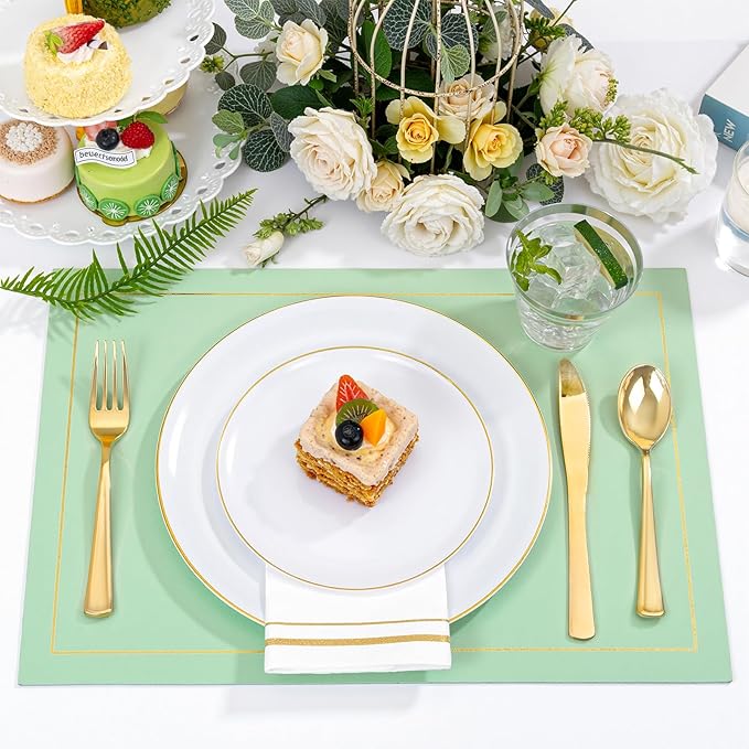 Festiva 350Pcs Gold Plastic Plates - White and Gold Dinnerware Set Disposable include 10" & 7" Plates,Cups,Silverware,Napkins -serve 50 Guests Perfect for Wedding& Chritmas &Thanksgiving Party