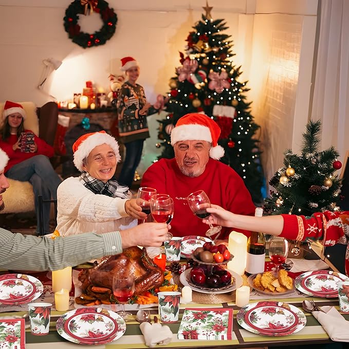 150Pcs Christmas Paper Plates and Napkins Set Christmas Poinsettia Flowers Design Disposable Holiday Plates Dinnerware for Xmas Holiday Winter Party,Serves 50