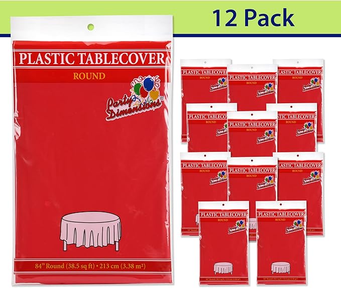 Party Dimensions Red Disposable Plastic Tablecloth for Round Tables (12 Pack) 84 inches Table Cloths for Parties, Events & Weddings, Indoors & Outdoors, Plastic Table Cover