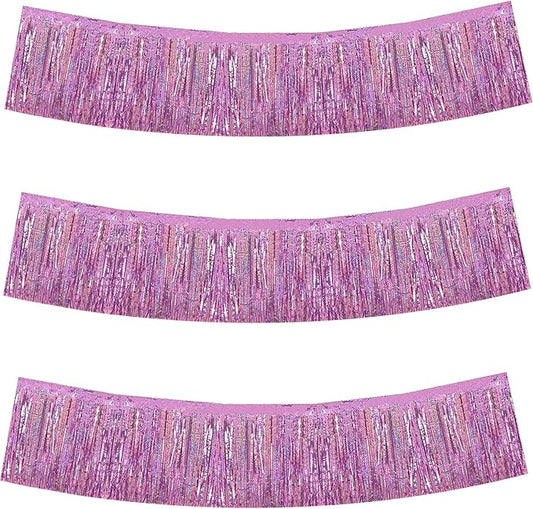 BEISHIDA 3 Packs Metallic Foil Fringe Garland Laser Light Pink Wall Hanging Tinsel Fringe Banners for Car Floats Bridal Shower Wedding Birthday Easter Graduation Holiday Party Decoration(30 Feet)