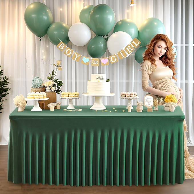 1 Pack Green Table Clothes for 6 Foot Rectangle Tables, One-Piece Wrinkle Resistant Stretch Spandex Table Covers Christmas Table Skirt for Event Banquet Wedding Birthday Party