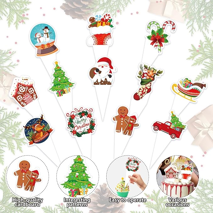 36 PCS Christmas Party Happy Birthday Cupcake Toppers Merry Christmas Theme Party Decorations Cake Decor Cupcake Decorations Cake Decorating Party Supplies Decor for Baby Shower Boys Girls