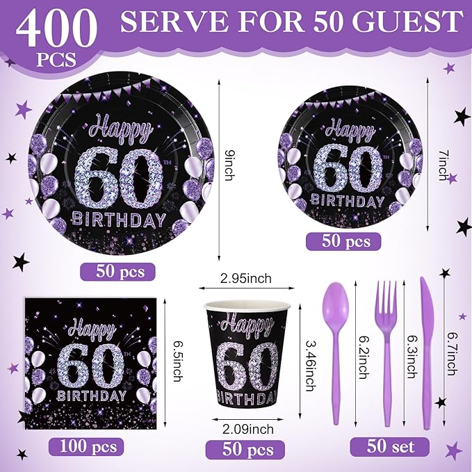 Pickmesh 400 Pcs 60th Birthday Party Supplies Purple Black Happy Birthday Decorations Include Disposable Paper Plates Napkins Cups Cutlery for Men Women Party Decorations Serve 50