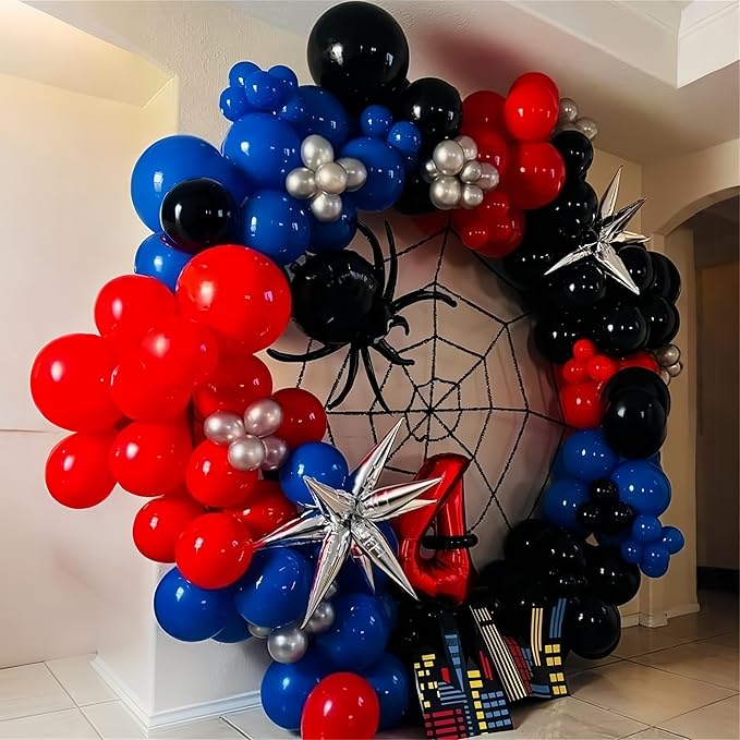 Red Blue Black Balloons, 12 Inch Royal Blue Red Confetti Latex Balloon with Black Helium Balloon Kit for Boys Spider Cool Man Halooween Theme Birthday Decor Graduation Party Decoration Supplies