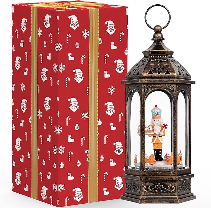 12.8'' Christmas Gingerbread Nutcracker Snow Globe Lantern, Lighted Animated Rotating Train with Musics Swirling Glitter Water Lantern Decoration for Home