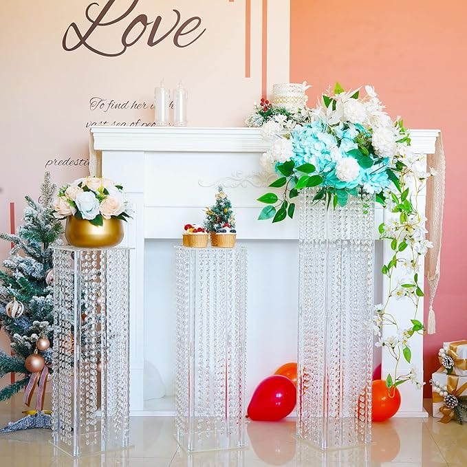 2 Pcs Wedding Centerpieces Table Acrylic Vases with Chandelier Crystal - 31.5in Tall Clear Rectangular Flower Stand Geometric Flower Centerpiece Vase Party Tables Decorations